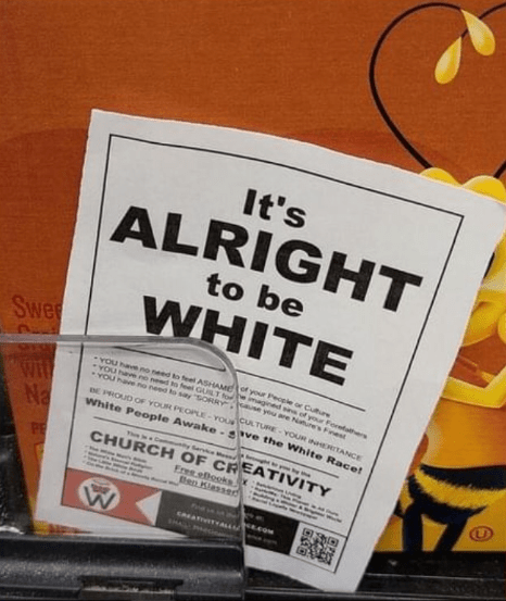 Flyers for the white supremacist group Church of Creativity have been spotted at Hudson area grocery stores this week.