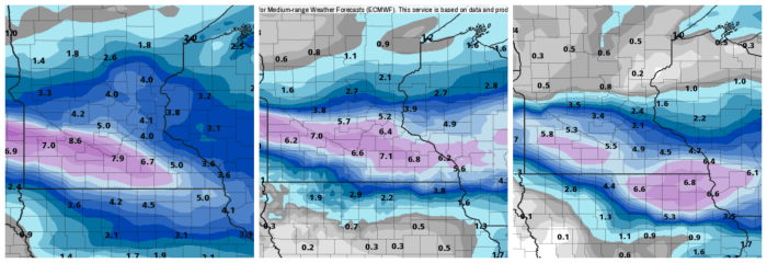 From left to right, the Canadian, European and American models. These amounts and locations will change between now and Sunday. It also includes any snow that falls Thursday night into Friday.