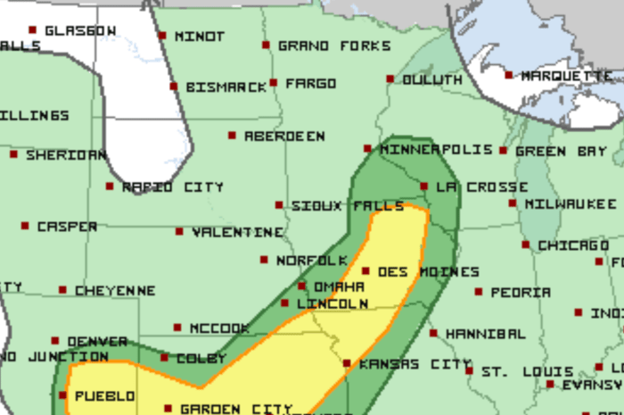 Areas shaded in yellow have the best chance for severe storms, while the dark green represents a marginal risk. Light green = non-severe storms.