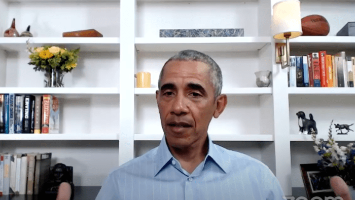 Former President Barack Obama speaking during a virtual roundtable Wednesday