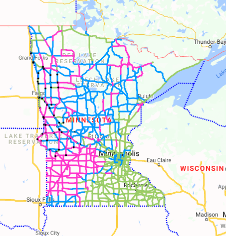 The pink on the map is completely covered in snow and/or ice, blue is partially covered and green is normal.