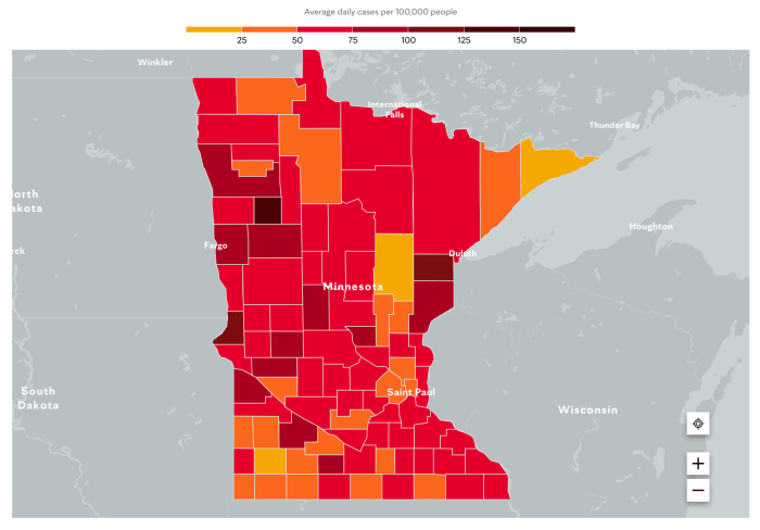 Predicted hot spots in Minnesota on Feb. 25, according to Mayo Clinic. The darker the color, the more COVID there is.