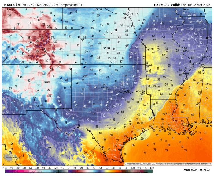 This GIF shows how the cooler temps behind the front will replace the warmer temps ahead of the front, setting the stage for a dynamic airmass.