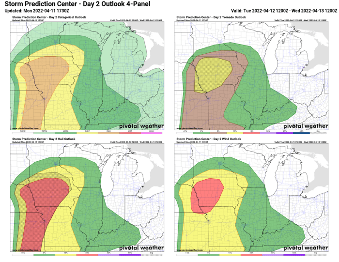 Upper left: Severe weather outlook; Upper right: tornado outlook (hatched area represents highest risk for strong tornadoes); Bottom left: hail outlook (hatched area is where very large hail is possible); Bottom right: damaging wind potential.