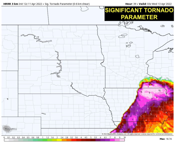 The Significant Tornado Parameter could be extremely high in Iowa and far southern Minnesota on Tuesday evening.