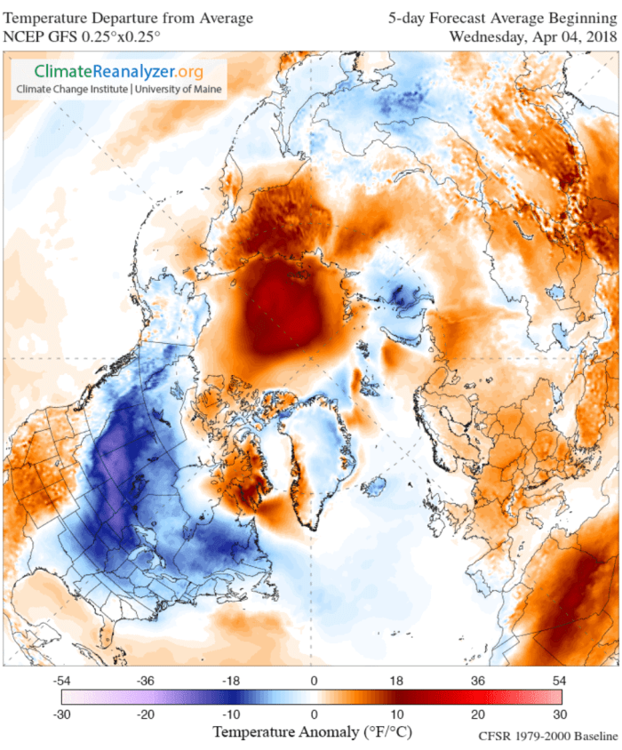 Early April 2018 temperature anomalies. Note how similar it is to this April’s patterns (previous graphic).