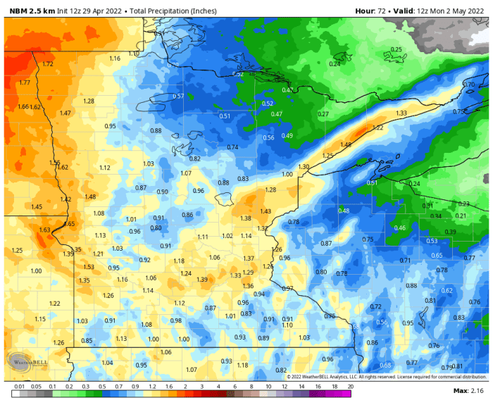The National Blend of Models averages out numerous computer model predictions for how much rain will fall Friday through Sunday. It is forecast 1-2 inches along Minnesota's border with the Dakotas.