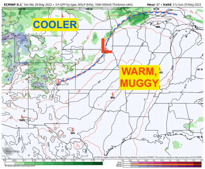 The stationary front will stall out between a cooler airmass to the west and a warm airmass to the south and east, putting Minnesota in line for stormy weather.