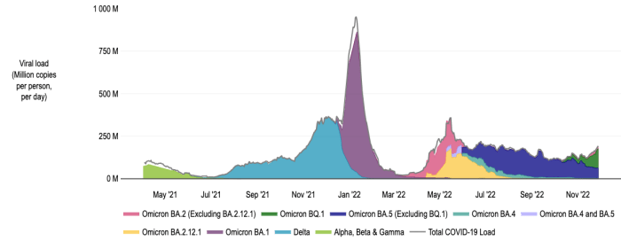 This graph shows the estimated amount of SARS-CoV-2 viral RNA by COVID-19 variant, sub-variant and lineage. The total amount of SARS-CoV-2 viral RNA in Metro Plant wastewater influent is shown in the background in gray.