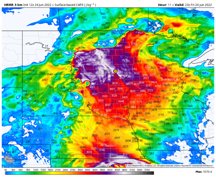 High CAPE values, which is essentially the energy storms have to work with, will be very high in the Dakotas and Minnesota.