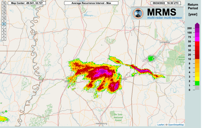 The "return period" or occurrence in years, probabilistically speaking, for the rainfall in central Mississippi over the 24-hour period Aug. 23-24.