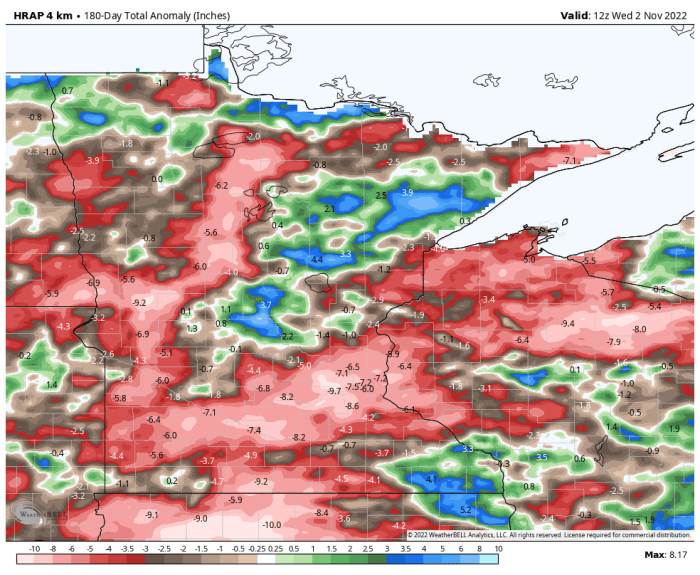 Rainfall deficits cover most of Minnesota, though the areas shaded with green and blue are at a precipitation surplus for the past 180 days.