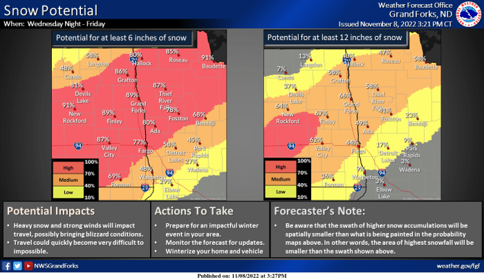"Be aware that the swath of higher snow accumulations will be spatially smaller than what is being painted in the probability maps within this graphic. In other words, the area of highest snowfall will be smaller than the swath shown above."