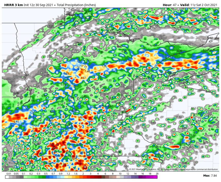 Anything green represent a half inch or less. The yellows, oranges and reds indicate 1-4 inches of rain.