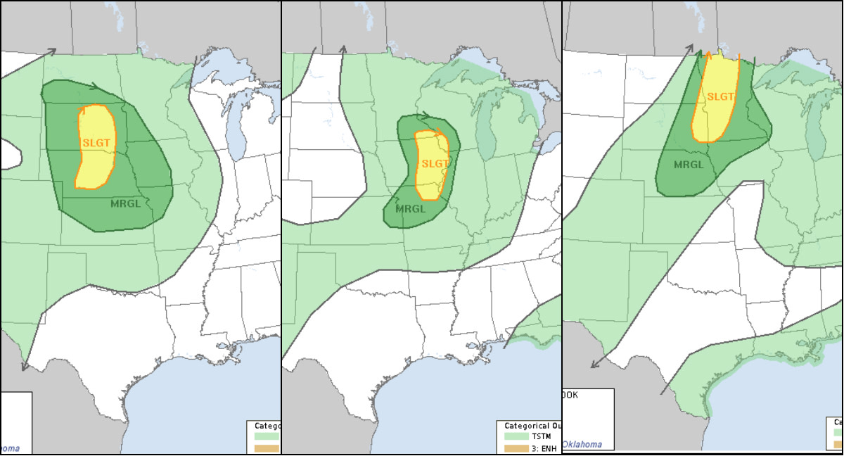 From left to right, Thursday, Friday and Saturday's severe storm threat. 