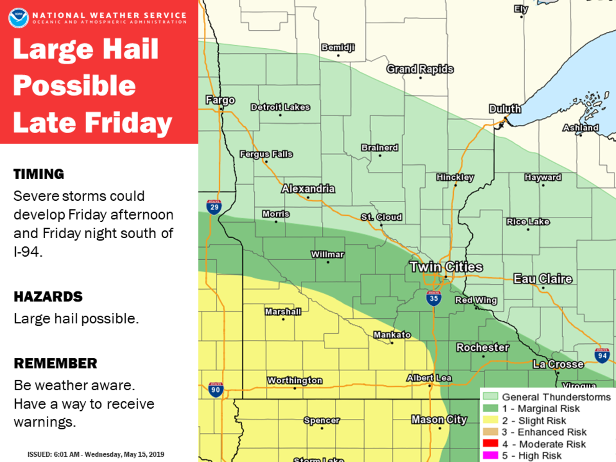 Areas in yellow have the highest risk of large hail on Friday. 