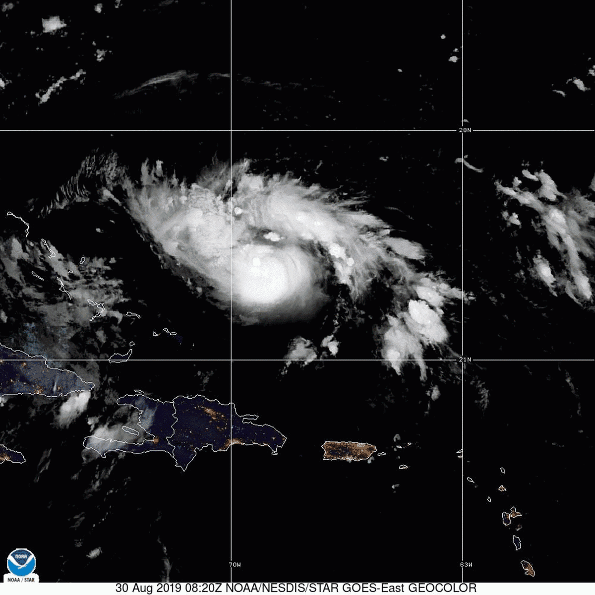 Hurricane Dorian, as seen on satellite Friday afternoon as it moves west-northwest near the Bahamas. 