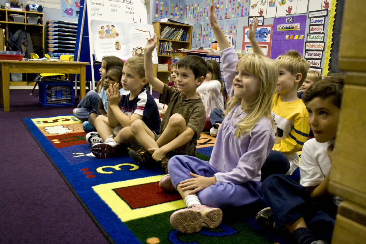 School students raising hands.