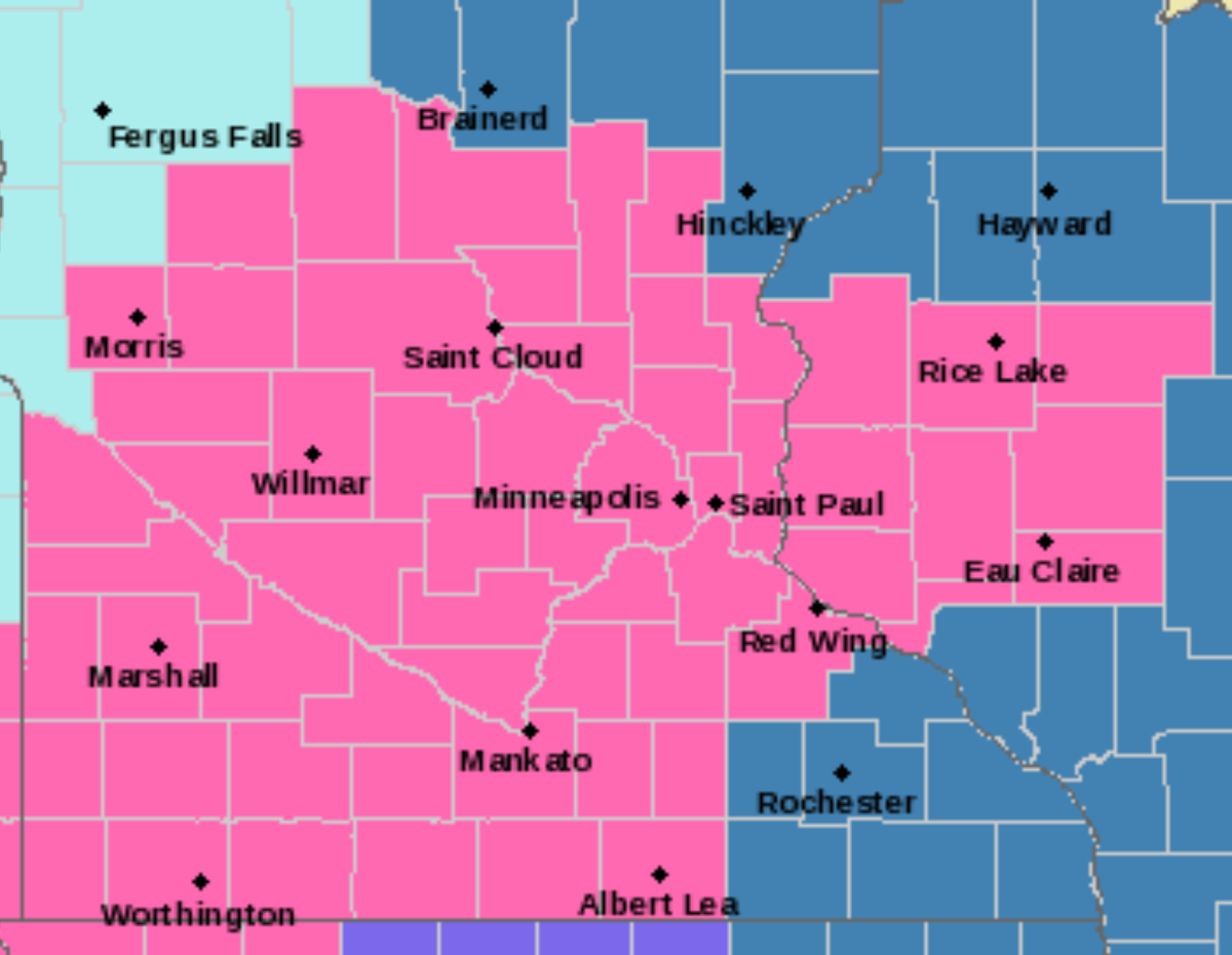 Counties colored in pink are in a winter storm warning. The blue represents a winter storm watch, while the light blue is a wind chill advisory. 