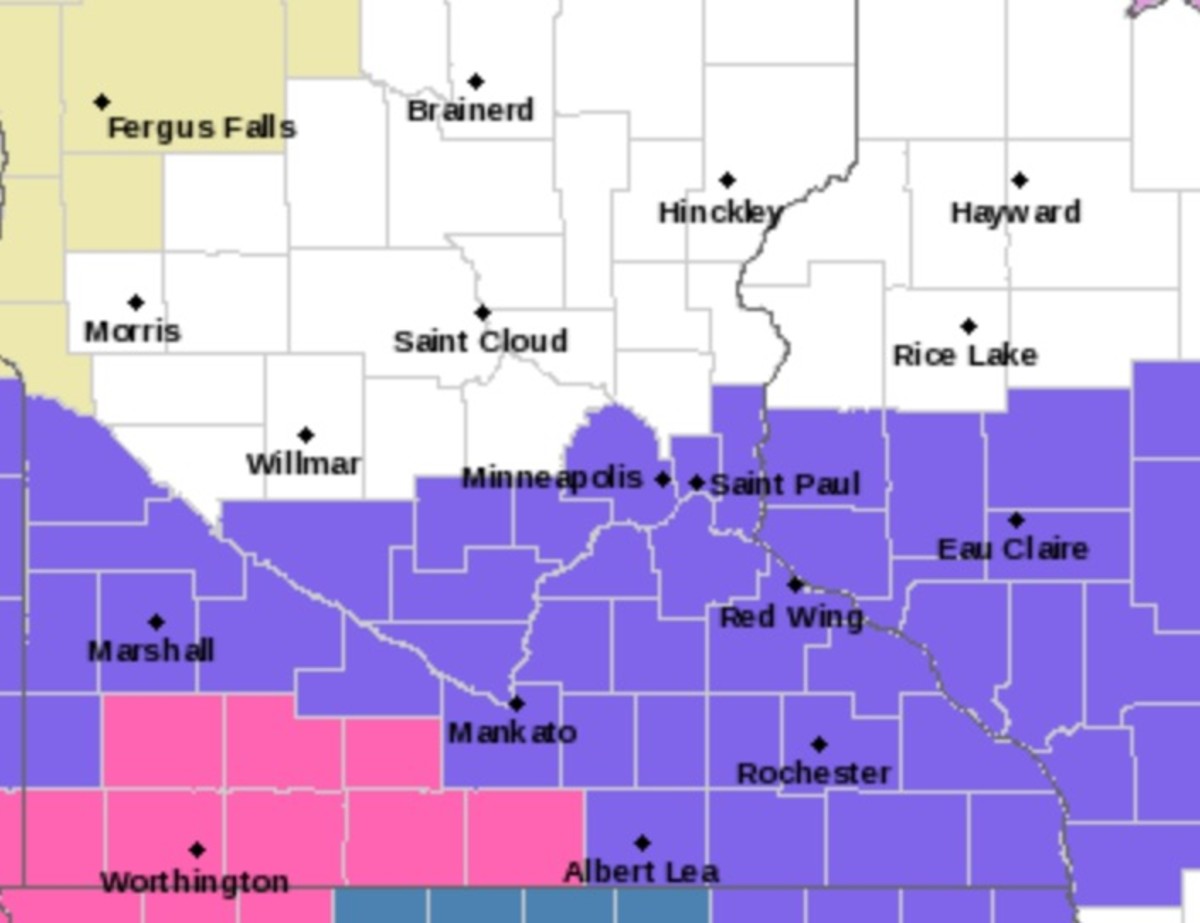 Counties painted pink are in a winter storm warning while counties are blue are under a winter weather advisory. 