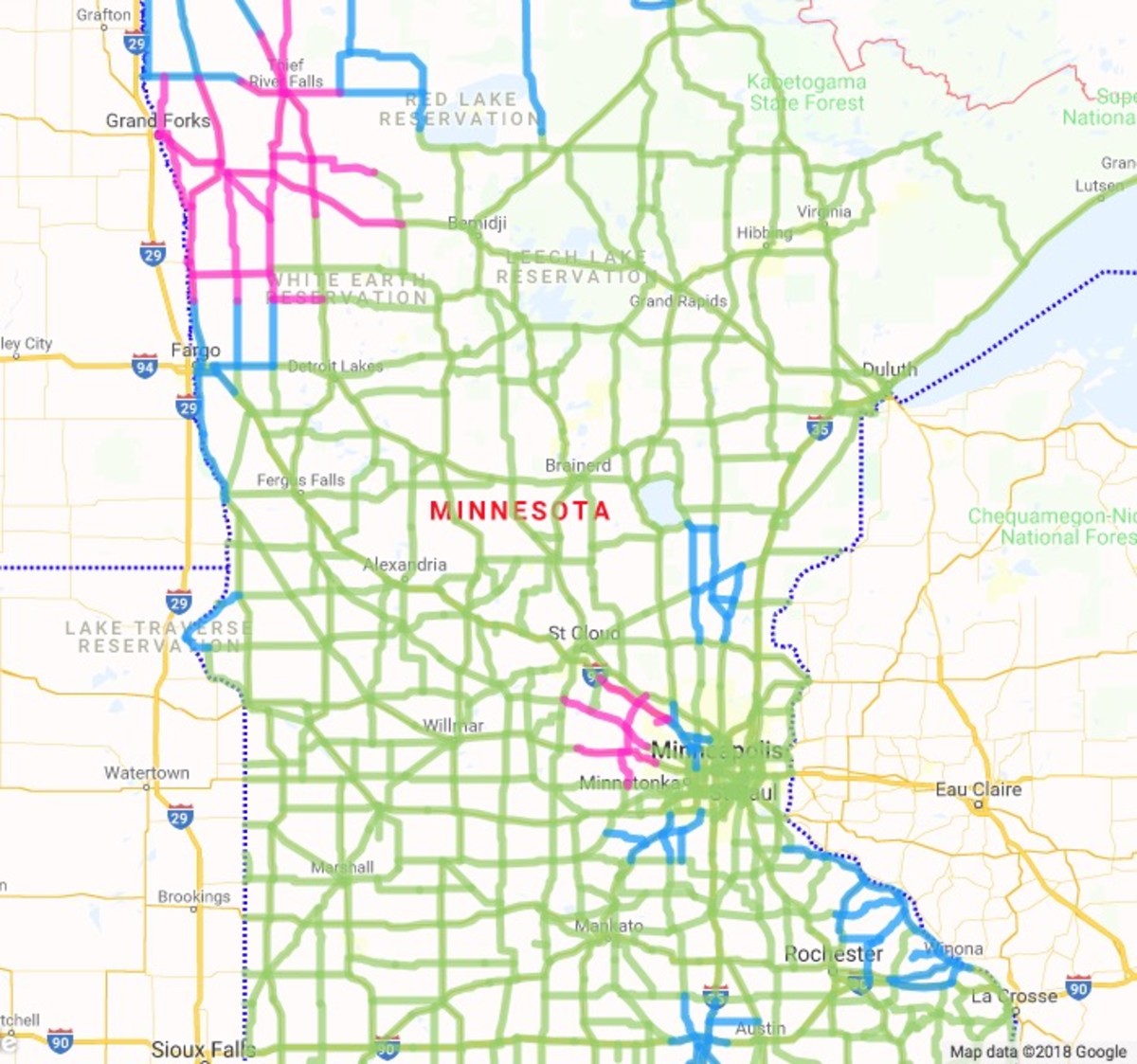 Pink means roads are completed covered and blue represents roads partially covered. 