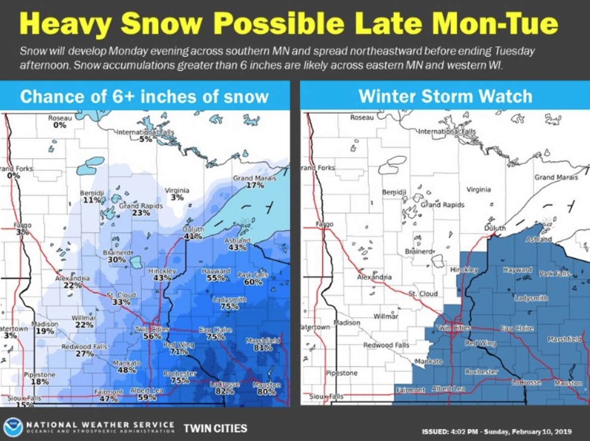 Winter storm watch includes Twin Cities for 6+ inches of snow Monday