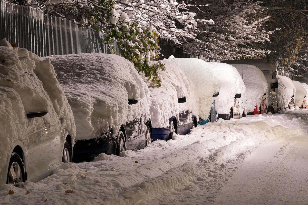 Snow-covered cars.