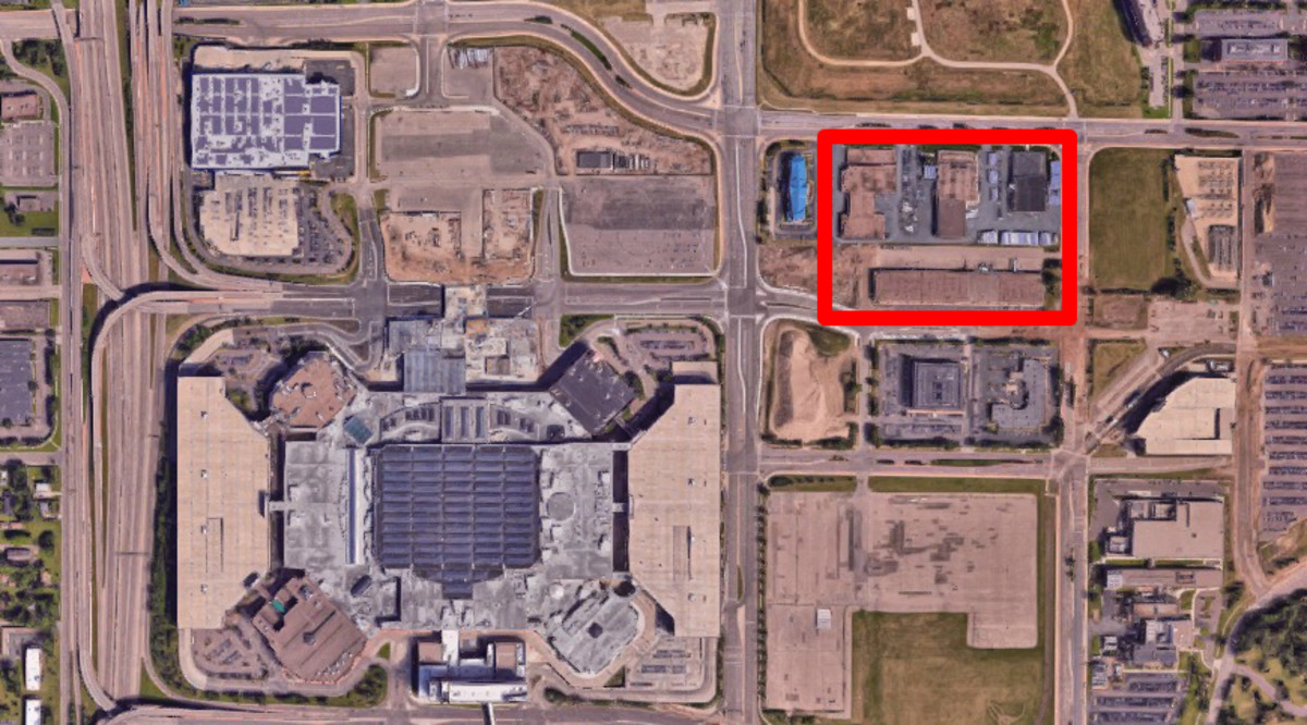 A satellite view of the campus proposal, with the MOA to the southwest.