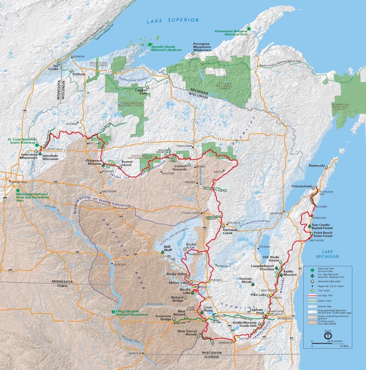 The Ice Age Trail, marked in red, stretches more than 1,000 miles across the state of Wisconsin.
