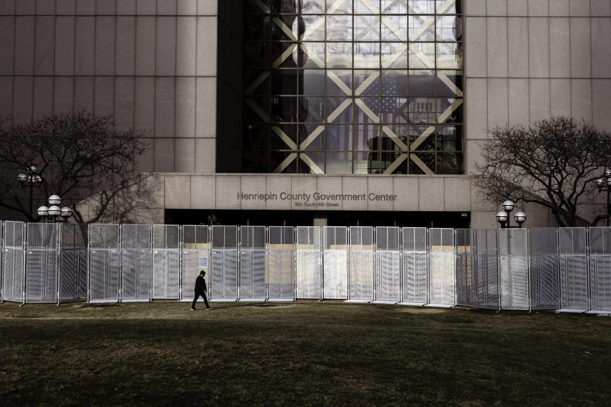 Perimeter fencing around the Hennepin County Government Center ahead of Derek Chauvin's trial.