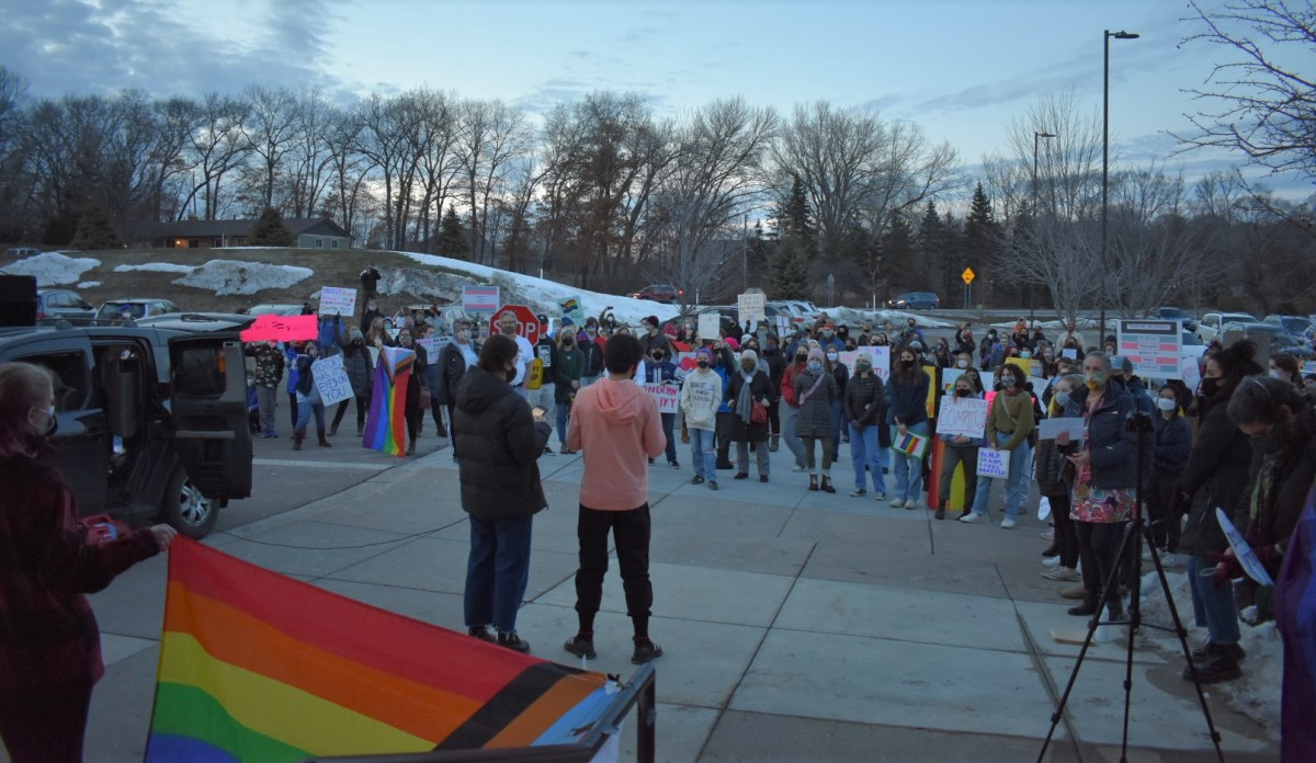 People gather ahead of a march before the Minnetonka School Board meeting on March 4. 