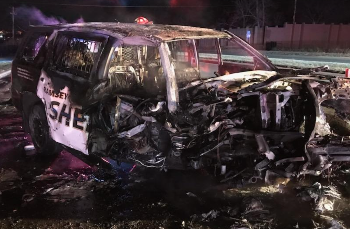 Dallas Edeburn's totaled squad vehicle after the October 2021 high-speed crash. 