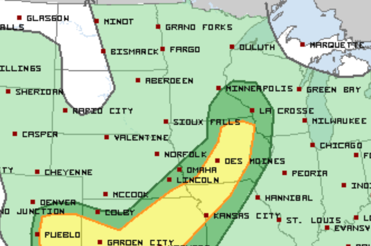 Areas shaded in yellow have the best chance for severe storms, while the dark green represents a marginal risk. Light green = non-severe storms. 