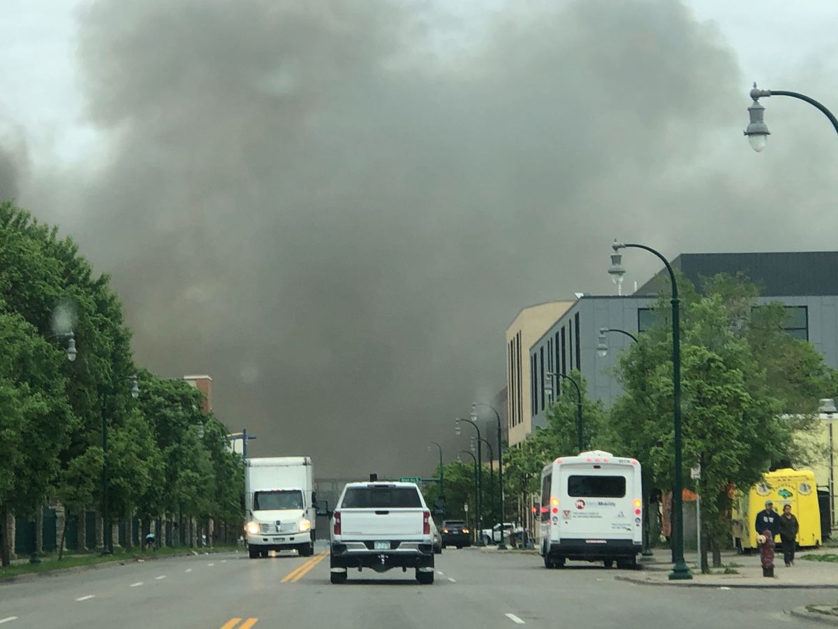 smoke from riot fire in Minneapolis 5-29-2020