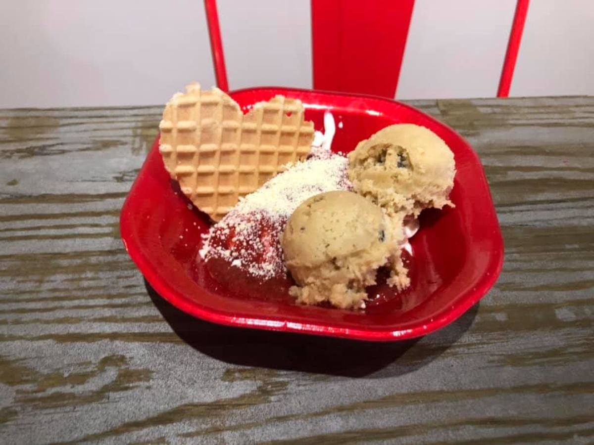 Spaghetteis with ice cream "meatballs" and a side of heart-shaped waffle. 