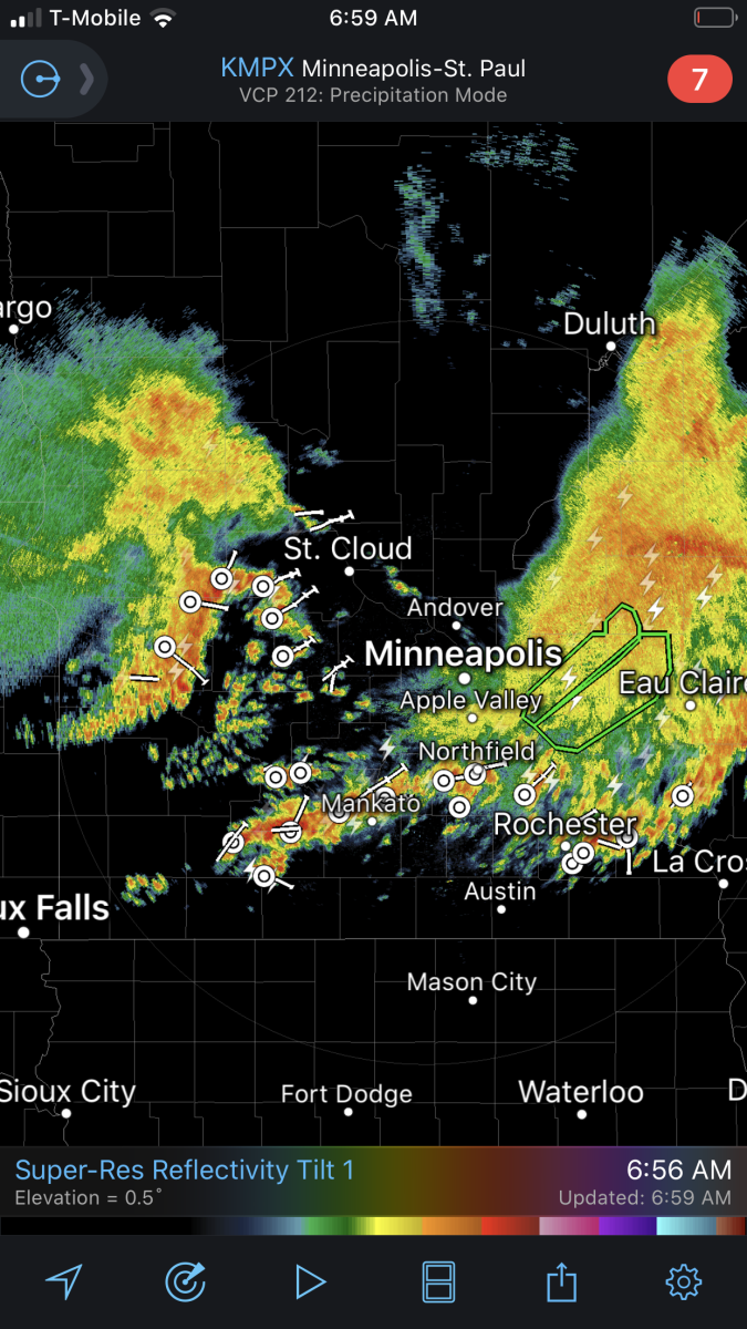 7 a.m. radar shows more storms pushing east across Minnesota into Wisconsin. 