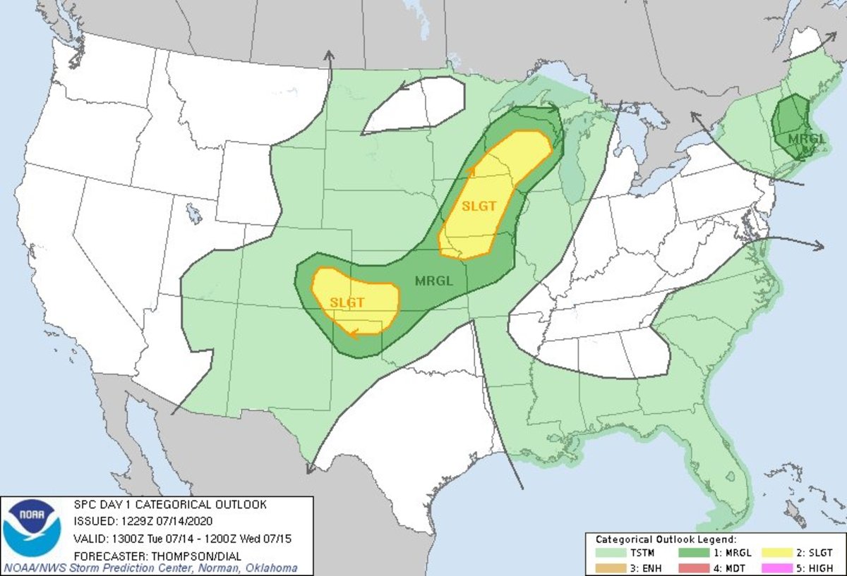 Areas shaded in yellow have the best chance for severe weather Tuesday. 