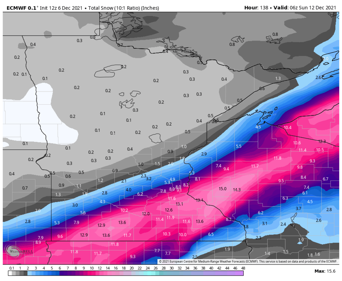 European model snow total projection through Saturday. 