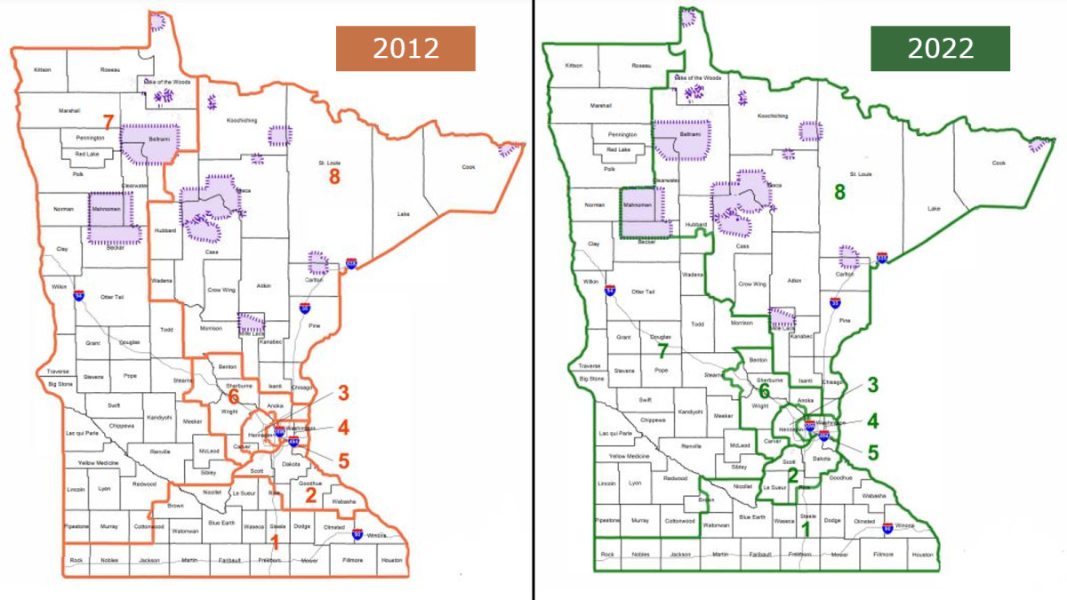 The current Congressional District map, left, compared to the new one that will be used starting in November.