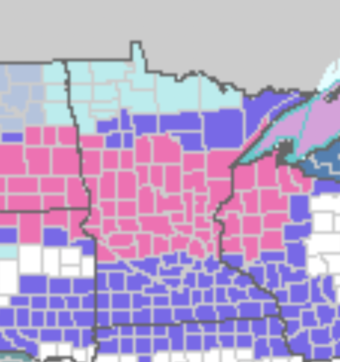 The winter storm warning area can be seen in pink. The areas in purple are in a winter storm watch.