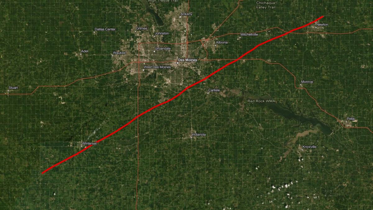 The track of the deadly Winterset tornado, which continued for nearly 70 miles all the way to the Newton area. 