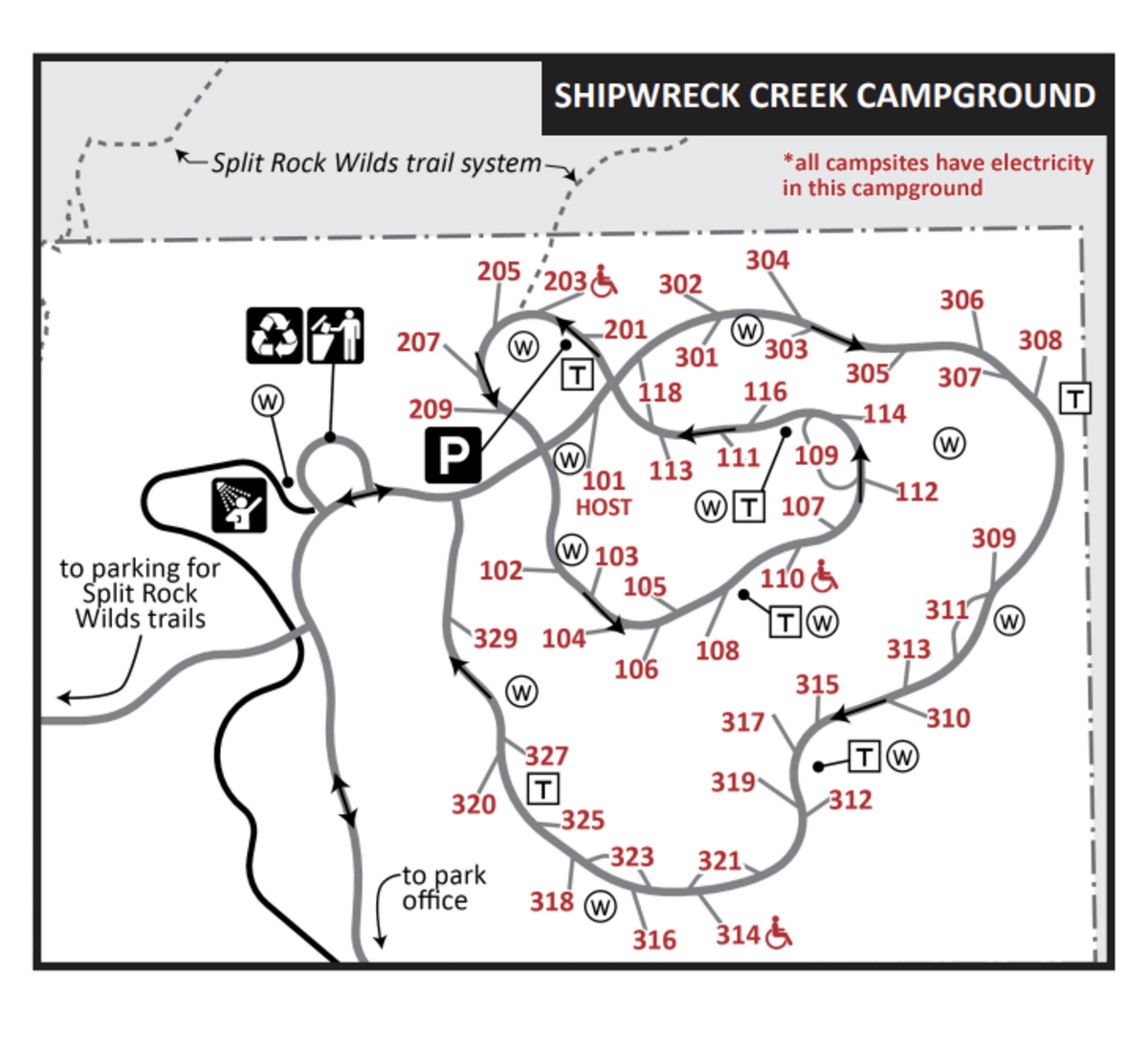 A close-up map of the campsites at the new Shipwreck Creek Campground.