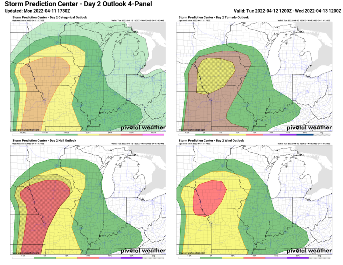Upper left: Severe weather outlook; Upper right: tornado outlook (hatched area represents highest risk for strong tornadoes); Bottom left: hail outlook (hatched area is where very large hail is possible); Bottom right: damaging wind potential. 