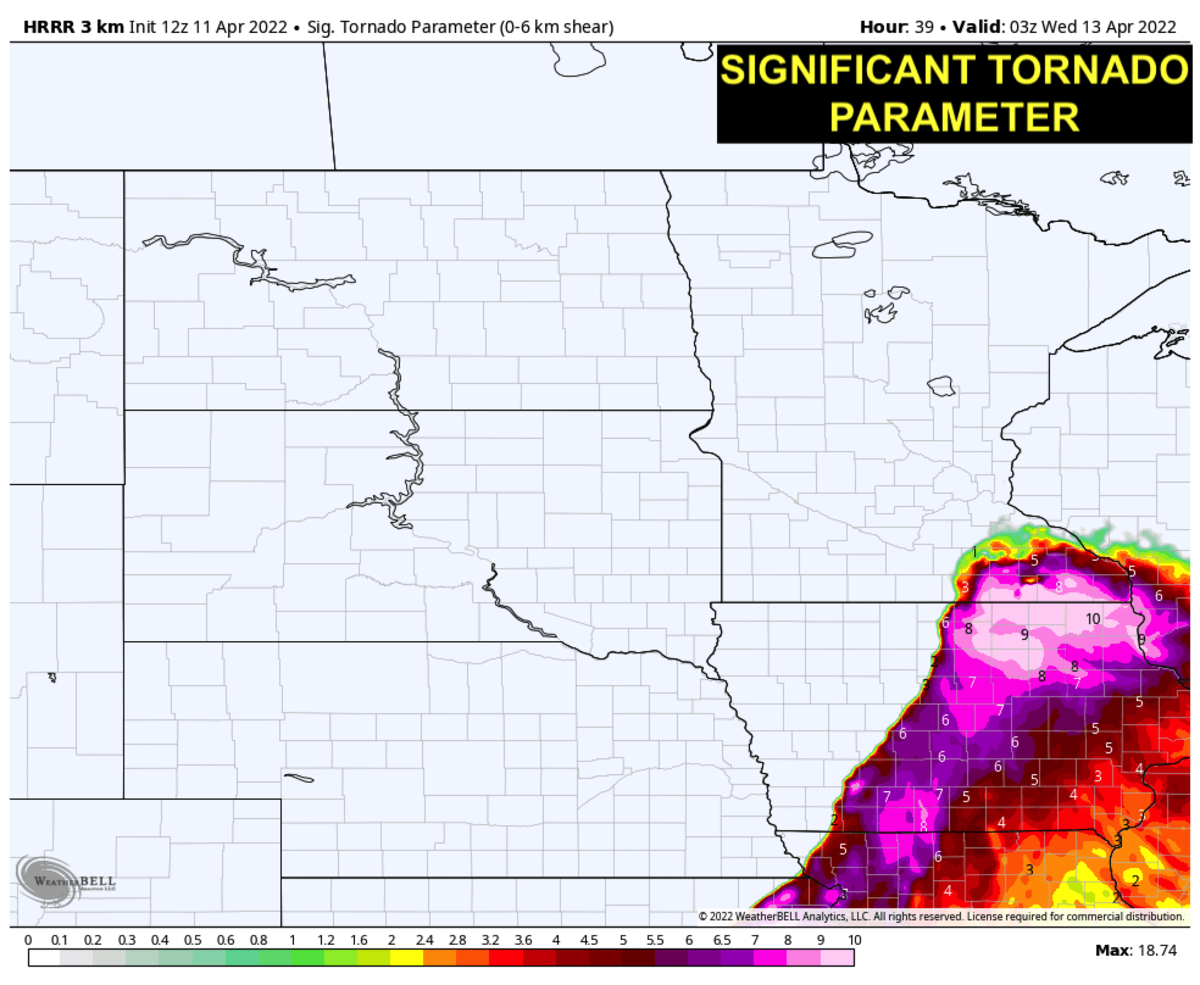 The Significant Tornado Parameter could be extremely high in Iowa and far southern Minnesota on Tuesday evening. 