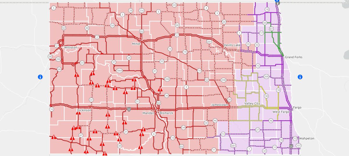 No-travel advisories remain in place across nearly all of North Dakota Thursday morning. 