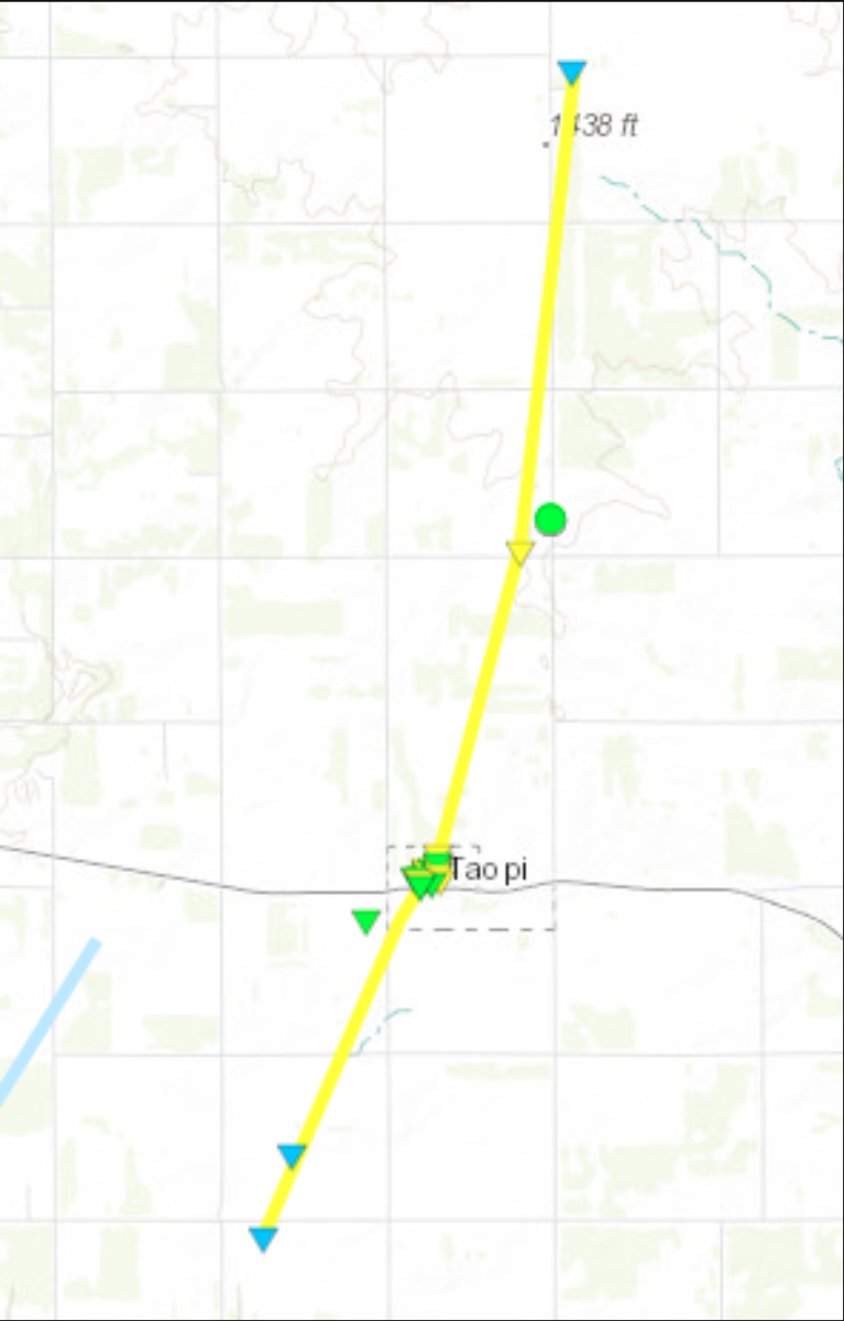 The tornado's path: Blue markers represent EF-0 damage; Green signifies EF-1 damage; Yellow indicates EF-2 damage.