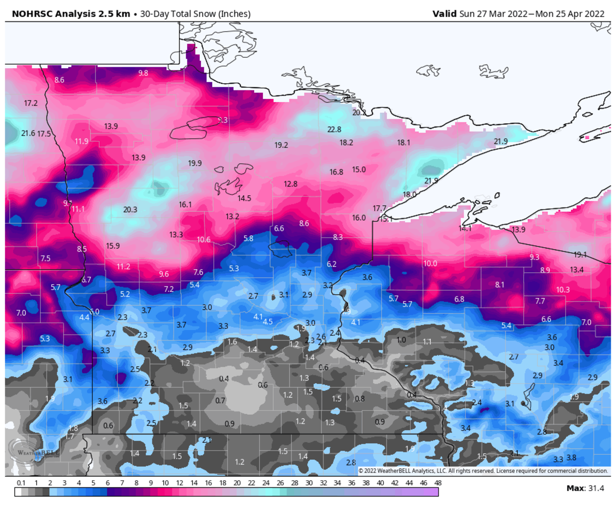 Total snowfall over the past 30 days. 
