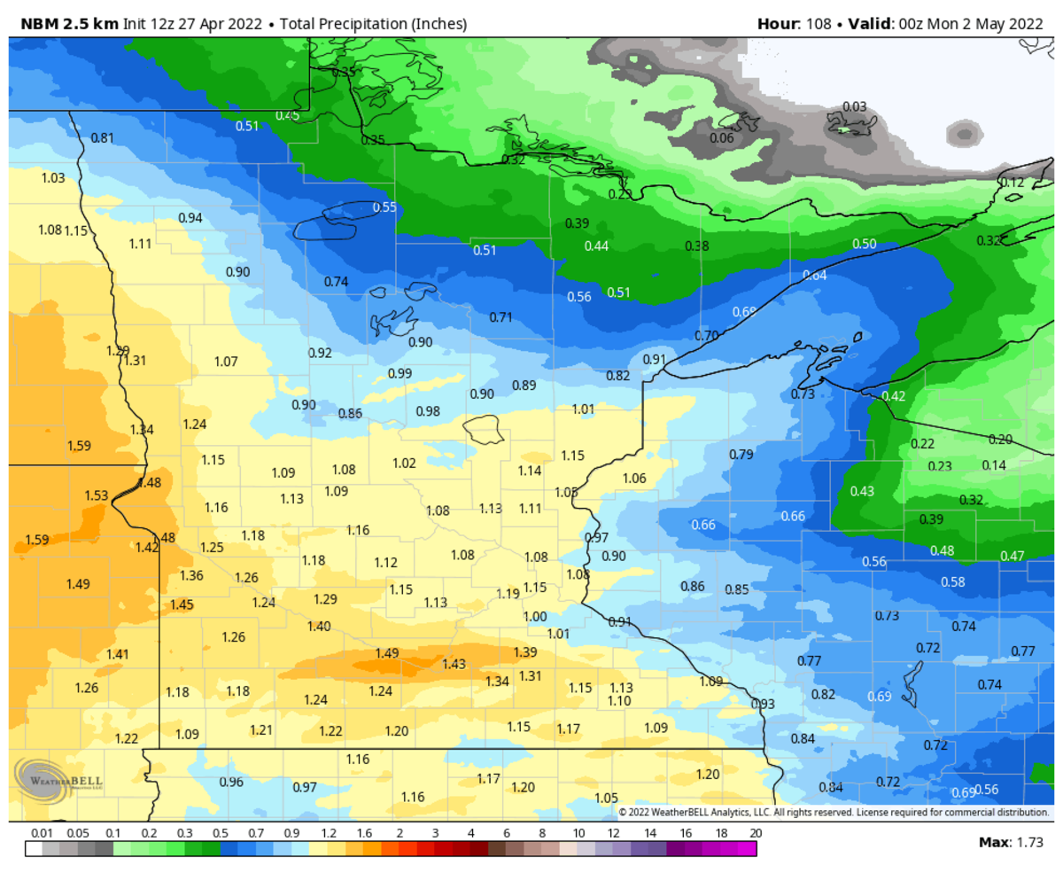 Forecasted rainfall from a blend of models through Sunday: