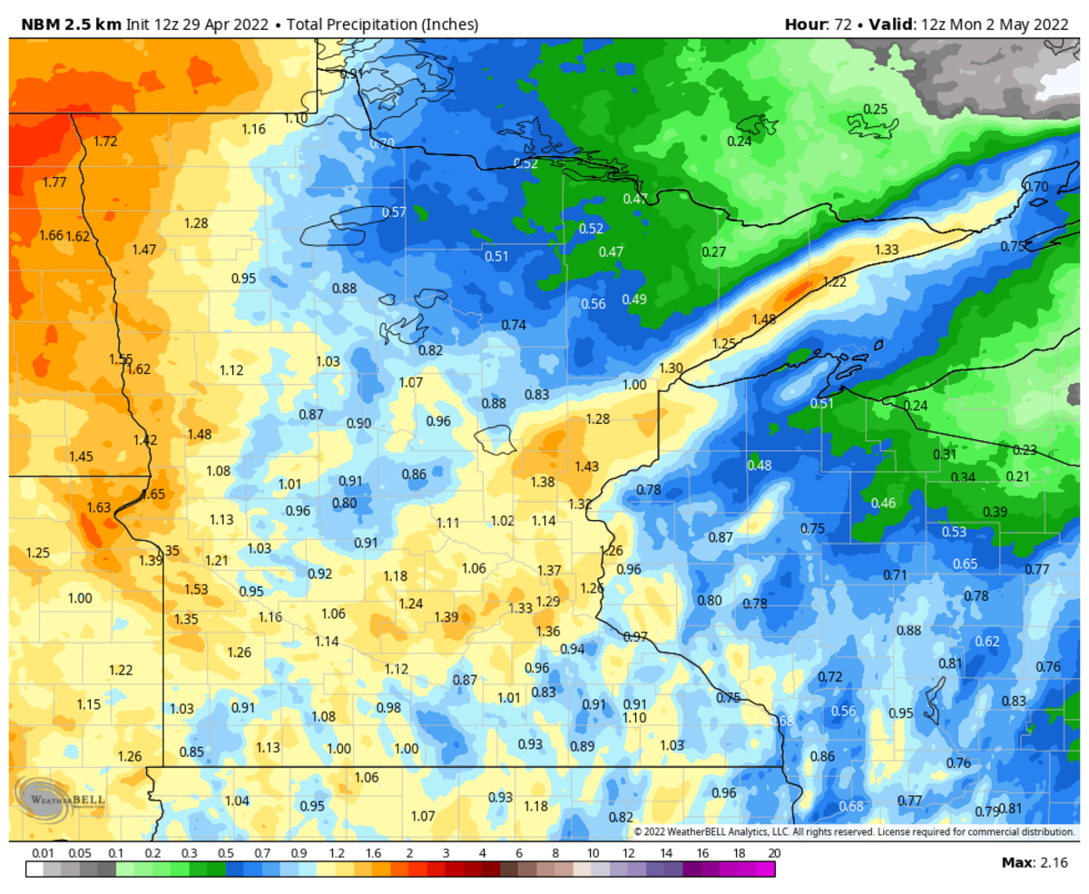 The National Blend of Models averages out numerous computer model predictions for how much rain will fall Friday through Sunday. It is forecast 1-2 inches along Minnesota's border with the Dakotas. 