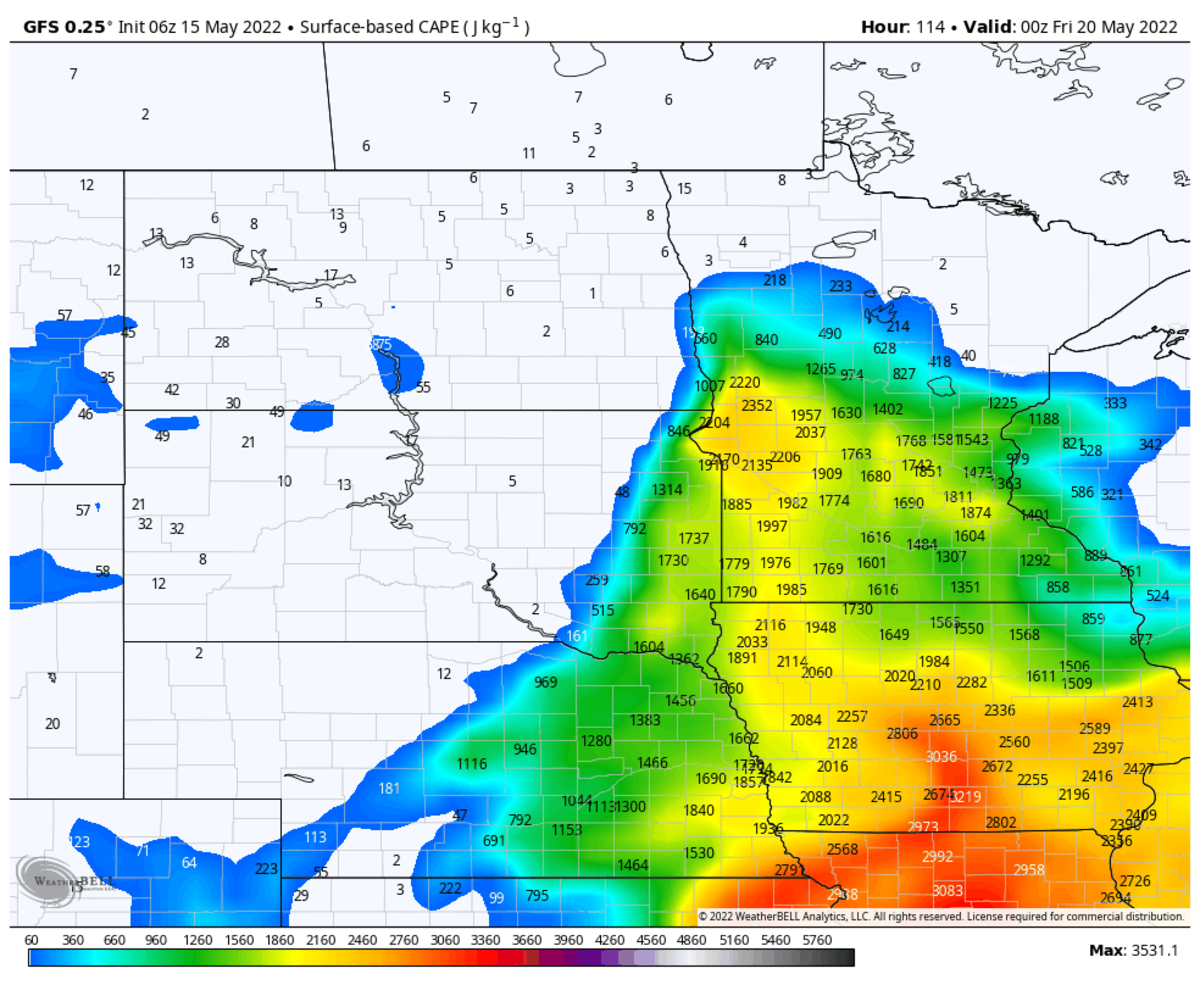 CAPE (convective available potential energy) values will be plenty high for storms, according to the GFS model.